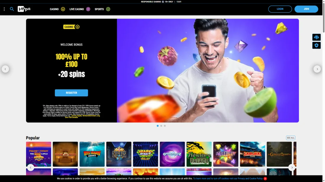 Hopa Casino welcome offer banner in the lobby