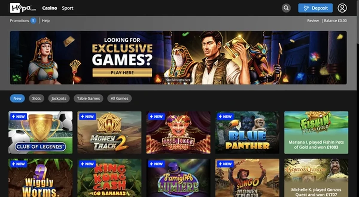 Hopa Casino games lobby with slot tiles and filters
