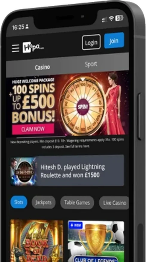 Hopa Casino mobile lobby open in a phone browser