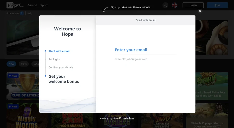 Hopa Casino sign up step 1: enter your email address