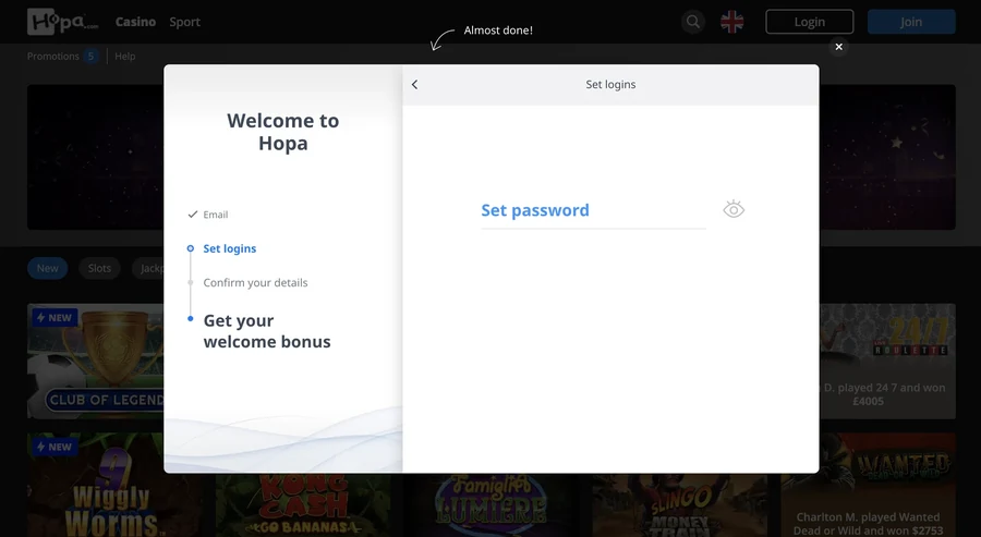 Hopa Casino sign up step 2: create your password