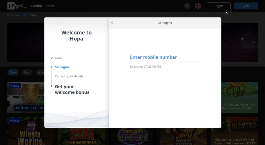 Hopa Casino sign up step 3: enter your mobile number