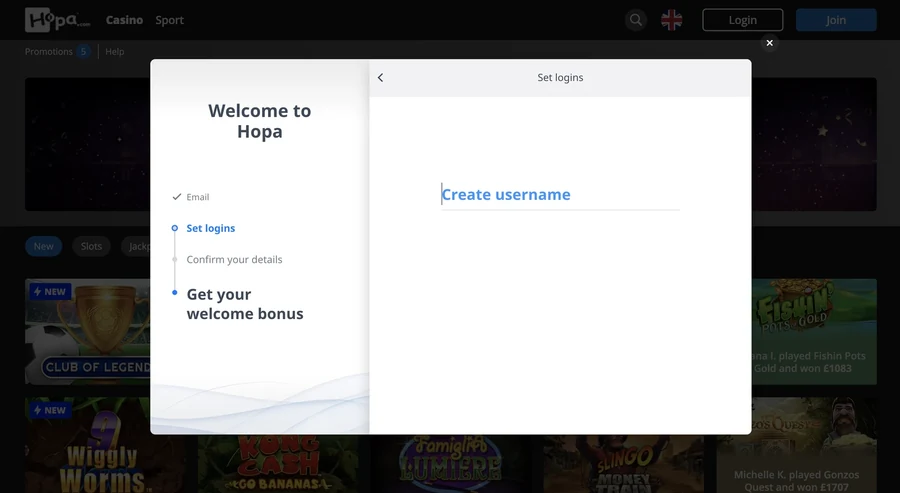 Hopa Casino sign up step 4: choose your username