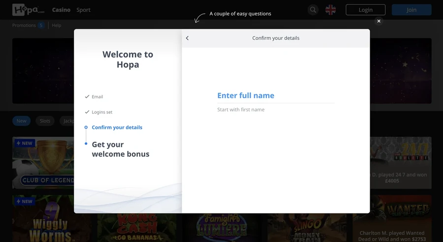Hopa Casino sign up step 5: enter your full name
