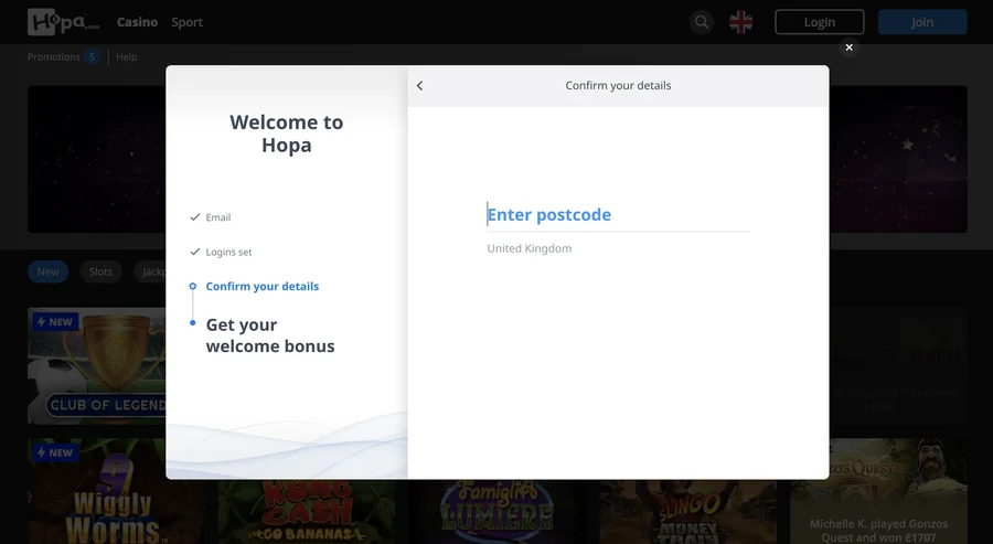 Hopa Casino sign up step 6: find your address by postcode