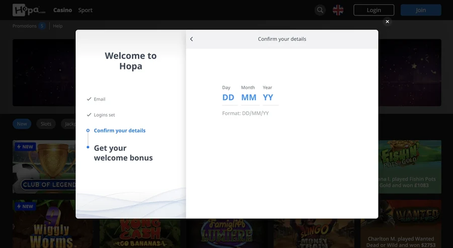 Hopa Casino sign up step 7: add your date of birth