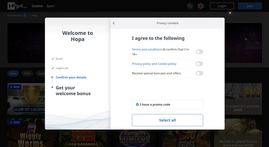 Hopa Casino sign up step 8: accept the terms and confirm